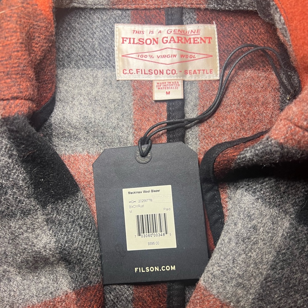 FILSON. MACKINAW WOOL BLAZER. MEDIUM. NEW. TAGS. FITS LIKE A LARGE